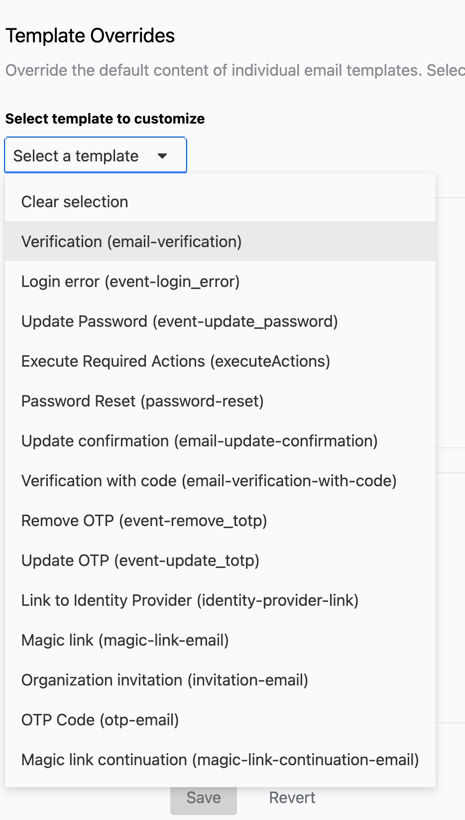 Email template override UI showing template selector and HTML/text editors
